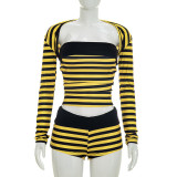 Women Striped Long-Sleeved Crop Top and Shorts Three-Piece Set