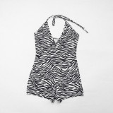 Women Summer Zebra Print Halter Neck V-Neck Backless Jumpsuits