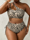 Plus Size Women Leopard Print Bikini Sexy One-Shoulder Waist Side Drawstring Swimwear Two Pieces
