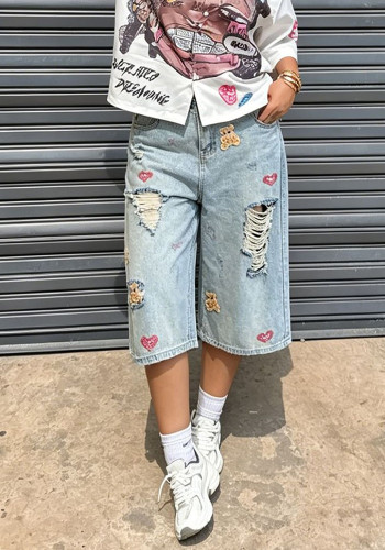 Women Spring Summer Ripped Embroidered Wide-Leg Denim Capri Pants