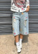 Women Spring Summer Ripped Embroidered Wide-Leg Denim Capri Pants