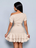 Women Slash Shoulder Off-Shoulder Pleated Double-Layer Ruffle Dress