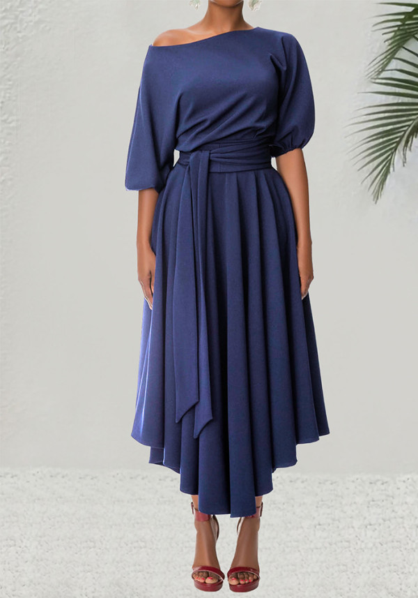 Women Slash Shoulder Lace-Up Elegant Irregular Dress