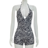 Women Summer Zebra Print Halter Neck V-Neck Backless Jumpsuits