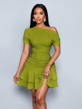 Women Slash Shoulder Off-Shoulder Pleated Double-Layer Ruffle Dress