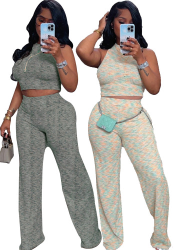 Women Summer Sleeveless Printed Top and Wide-Leg Pants Two-Piece Set