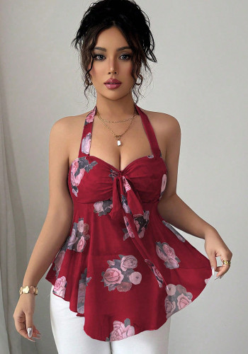 Women Halter Neck Sleeveless Lace-Up Printed Crop Top