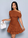Women Slash Shoulder Off-Shoulder Pleated Double-Layer Ruffle Dress