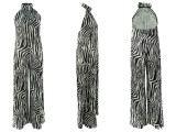 Women Striped Print Backless Wide-Leg Jumpsuit