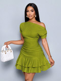 Women Slash Shoulder Off-Shoulder Pleated Double-Layer Ruffle Dress