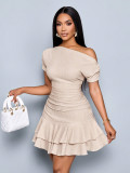 Women Slash Shoulder Off-Shoulder Pleated Double-Layer Ruffle Dress