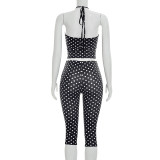 Women Polka Dot Print Drawstring Halter Neck Top and Capri Pants Two-Piece Set