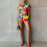Women Casual Printed Short-Sleeve Crop Top and Shorts Two-Piece Set