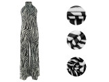 Women Striped Print Backless Wide-Leg Jumpsuit