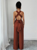 Women Halter Neck Cross Backless Casual Sleeveless Jumpsuit