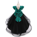 Girls' V-Neck Sequin Bow Princess Dress