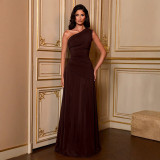 Slash Shoulder Slim Waist Ruched Ball Gown Long Dress
