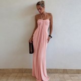 Summer Women's Sexy Strapless Low Back Halter Neck Solid Long Dress