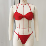 Women's Solid Adjustable Pleated Lace-Up Low Back Mesh Pants Two-Piece Bikini Set