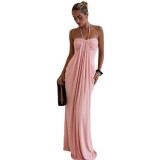 Summer Women's Sexy Strapless Low Back Halter Neck Solid Long Dress