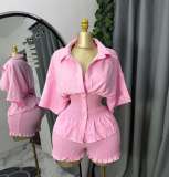Summer Women's Casual Turndown Collar Slim Waist Shirt & High-Waist Shorts Two-Piece Set
