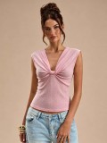 Summer Women's V-Neck Knot Sleeveless Textured Slim Fit Chic T-Shirt
