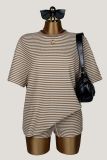 Women's Waffle Stripe Round Neck Short Sleeve Top & Shorts Two-Piece Set