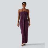 Summer Women's Sexy Strapless Low Back Halter Neck Solid Long Dress