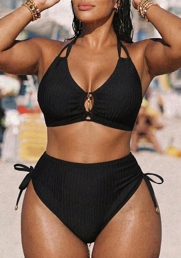 Plus Size Solid Ribbed Halter Neck High-Waist Two-Piece Bikini Swimsuit