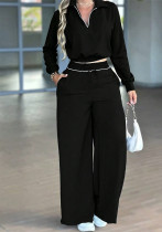 Women's Autumn Casual Long Sleeve Stand Collar Top & Elastic Waist Pocket Straight-Leg Pants Two-Piece Set Women's Autumn Casual Long Sleeve Stand Collar Top & Elastic Waist Pocket Straight-Leg Pants Two-Piece Set