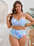 Plus Size Mesh Tie-Dye Cover Up Slim Fit Underwire Bikini Three-Piece Swimsuit