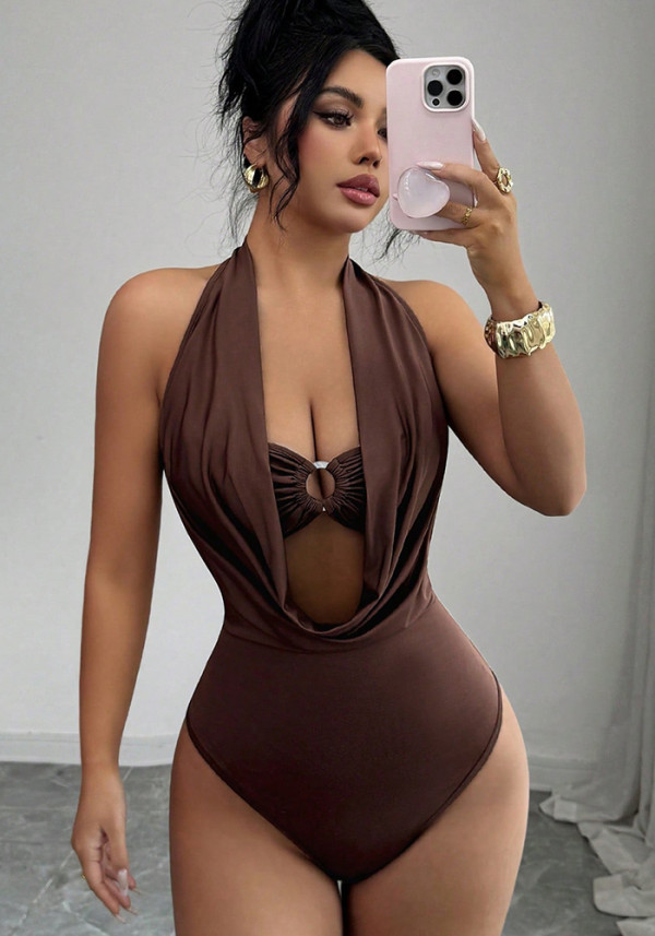 Sexy Deep V Halter Neck Cutout Ring Slim Fit Jumpsuit