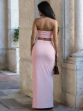 Summer Women's Sexy Strapless Crop Top & Front Tie Split Maxi Skirt Two-Piece Set