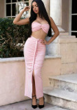 Summer Women's Sexy Strapless Crop Top & Front Tie Split Maxi Skirt Two-Piece Set