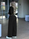 Women's Autumn Casual Long Sleeve Stand Collar Top & Elastic Waist Pocket Straight-Leg Pants Two-Piece Set