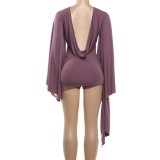 Spring Women's Sexy Low Back Bell Sleeve Bodycon Romper