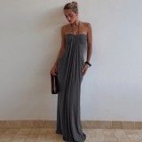 Summer Women's Sexy Strapless Low Back Halter Neck Solid Long Dress