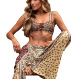 Women's Print Strap Lace-Up Cutout High-Slit Two-Piece Bikini Swimsuit