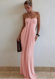 Summer Women's Sexy Strapless Low Back Halter Neck Solid Long Dress