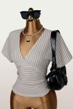 Women's V-Neck Striped Slim Waist Slim Fit Bat Sleeve Knitted Crop Top