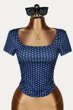 Autumn Women's Polka Dot Print Slim Waist Slim Fit U-Neck T-Shirt