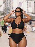Plus Size Solid Ribbed Halter Neck High-Waist Two-Piece Bikini Swimsuit
