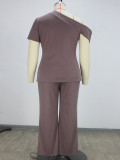 Plus Size Solid Slash Shoulder Cutout Short Sleeve Top & High-Waist Wide-Leg Pants Two-Piece Set