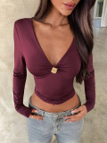Summer Women's Sexy Deep V Slim Fit Knotted Metal Buckle Short Sleeve T-Shirt