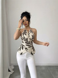 Summer Women's Chic Printed Sleeveless Halter Neck Tie-Detail Top