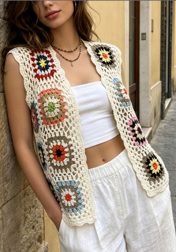 Women's Bohemian Hollow Crochet Colorblock Floral Knitted Vest