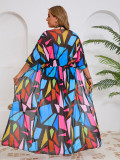 Plus Size Multi-Color Geometric Print Bikini Cover-Up with Slim Waist Tie