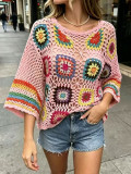 Women's Hollow Crochet Colorblock Floral Knitted Beach Cover-Up