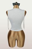 Solid Slim Waist Drawstring Sexy Stretch Basic Strap Top