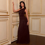 Slash Shoulder Slim Waist Ruched Ball Gown Long Dress